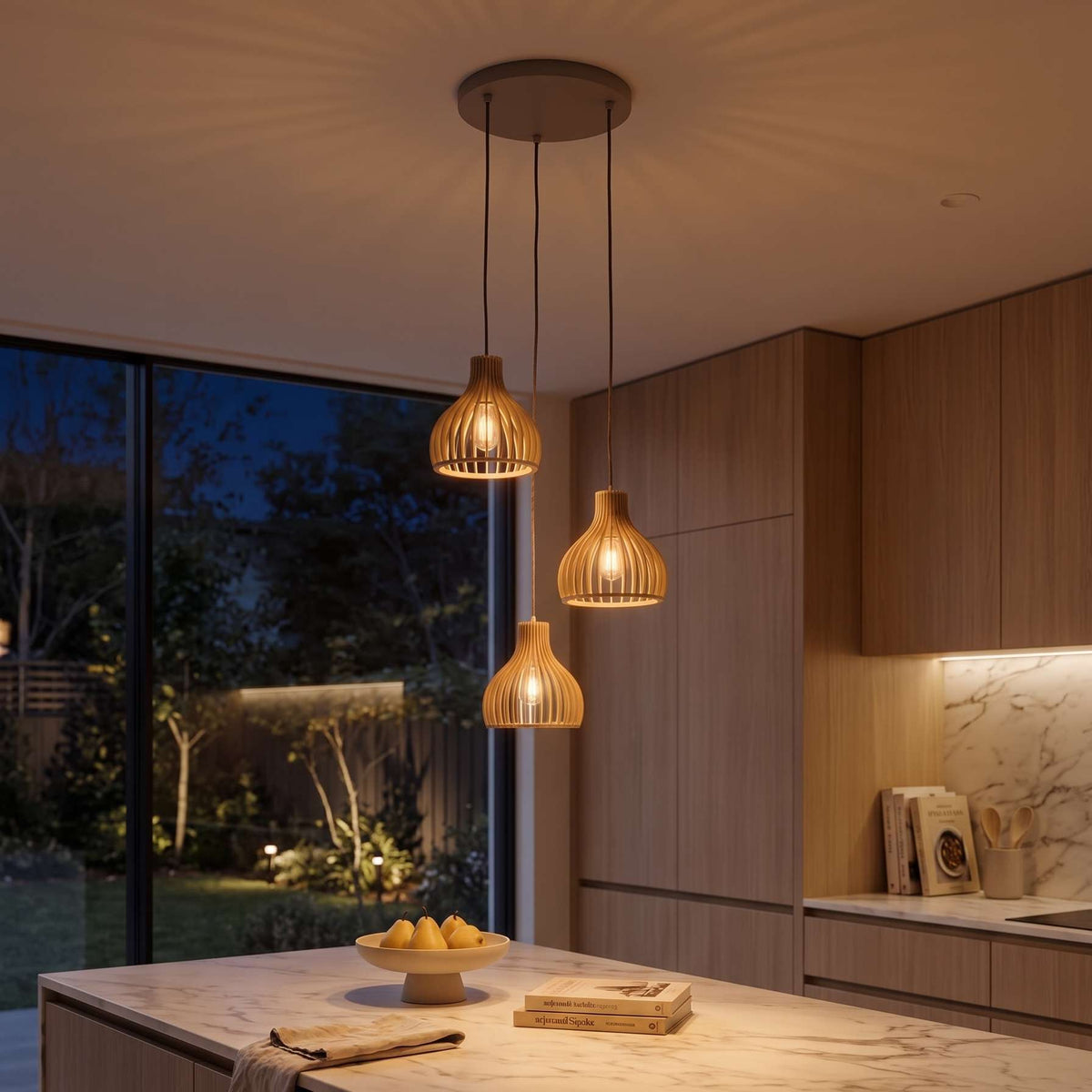 Orion Trio Pendant Light, switched on