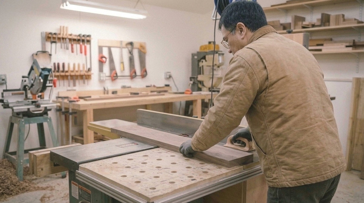 A maker cutting walnut boards for a wooden light